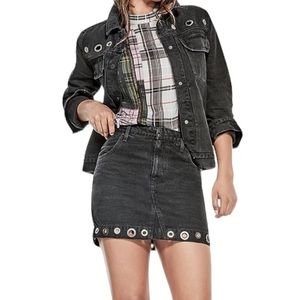 Guess Embellished Silver Cutouts Denim Jean Black Mini Skirt‎
